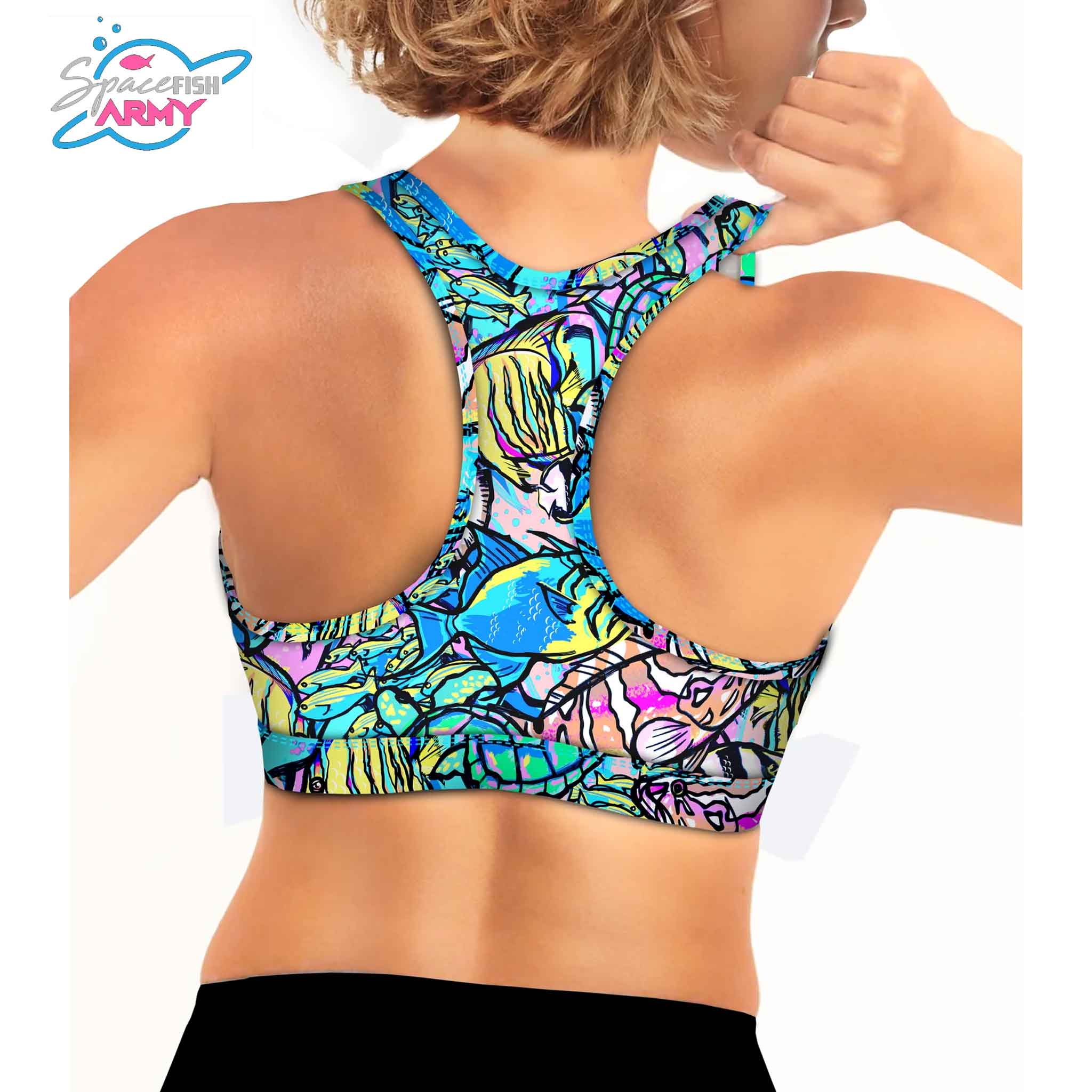 Spacefish Neon Fish Frenzy T-Back Bikini Sports Bra - Image 3